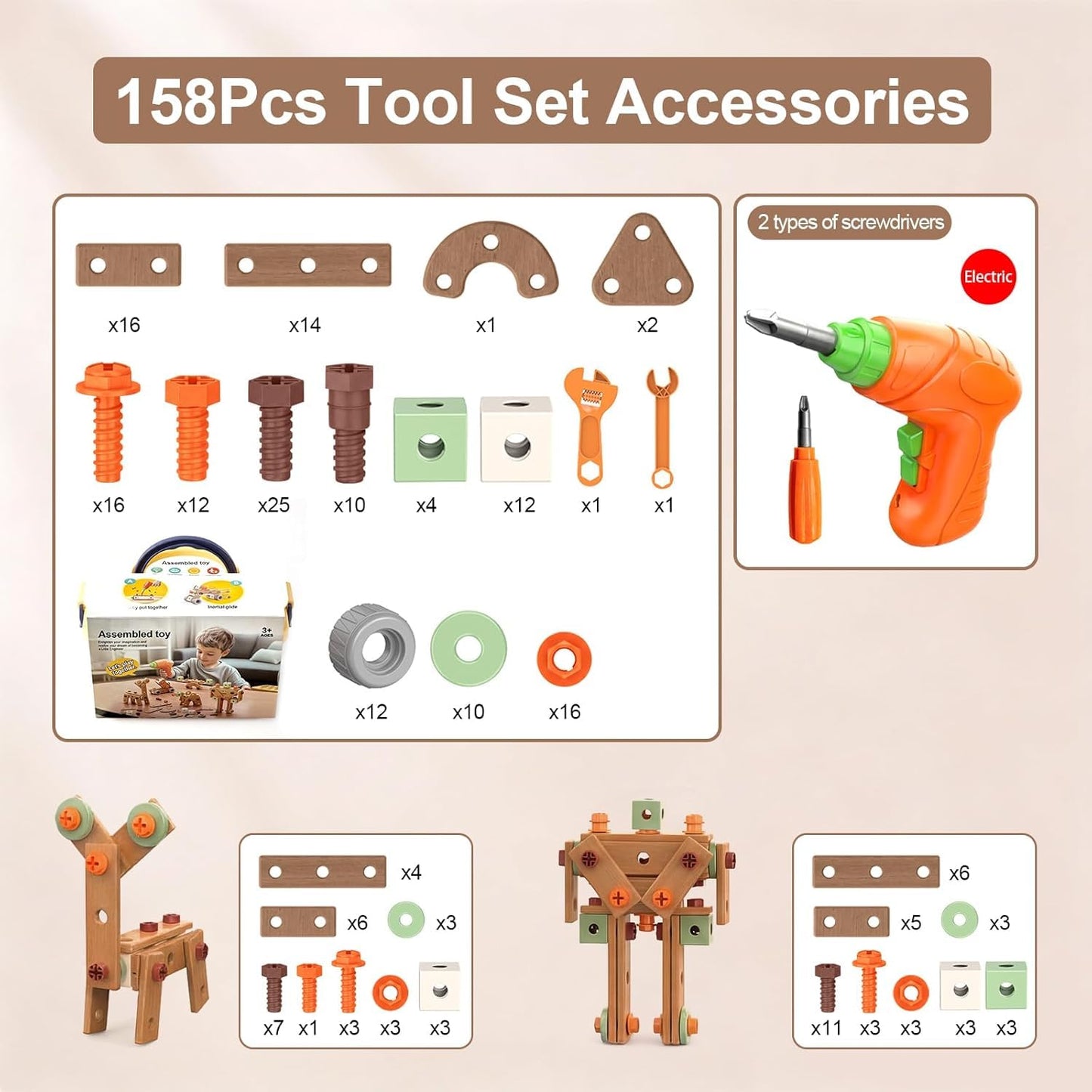Playlogic Toyz 158 Pcs Toddler Tool Set with Toy Electronic Drill, Pretend Play Kids Construction Tools Toy