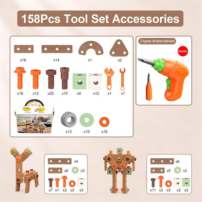 Playlogic Toyz 158 Pcs Toddler Tool Set with Toy Electronic Drill, Pretend Play Kids Construction Tools Toy