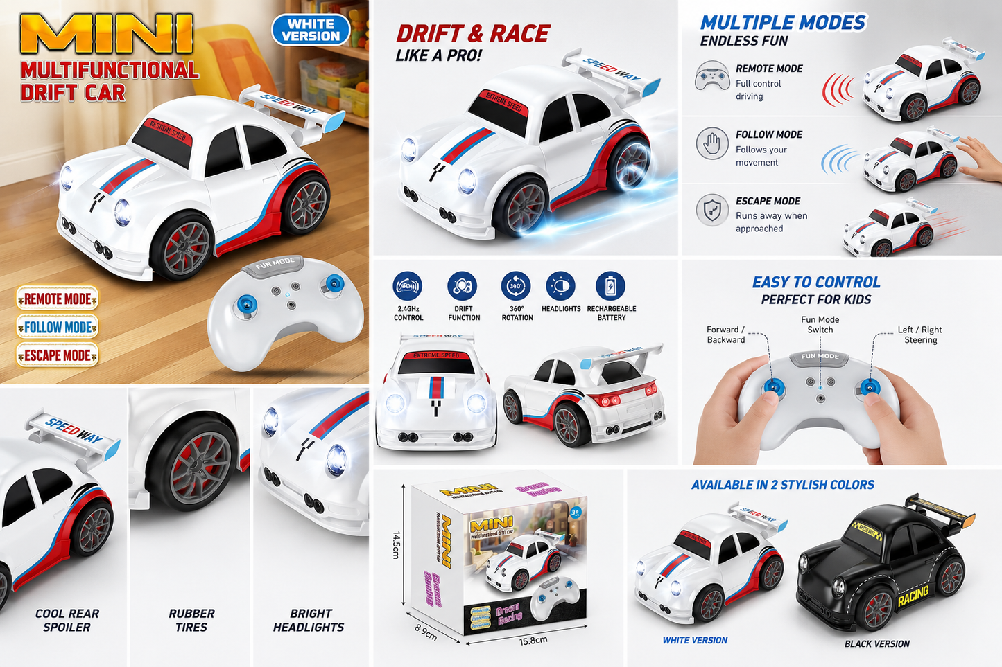 Mini Multifunctional RC Drift Car Toy for Kids, White