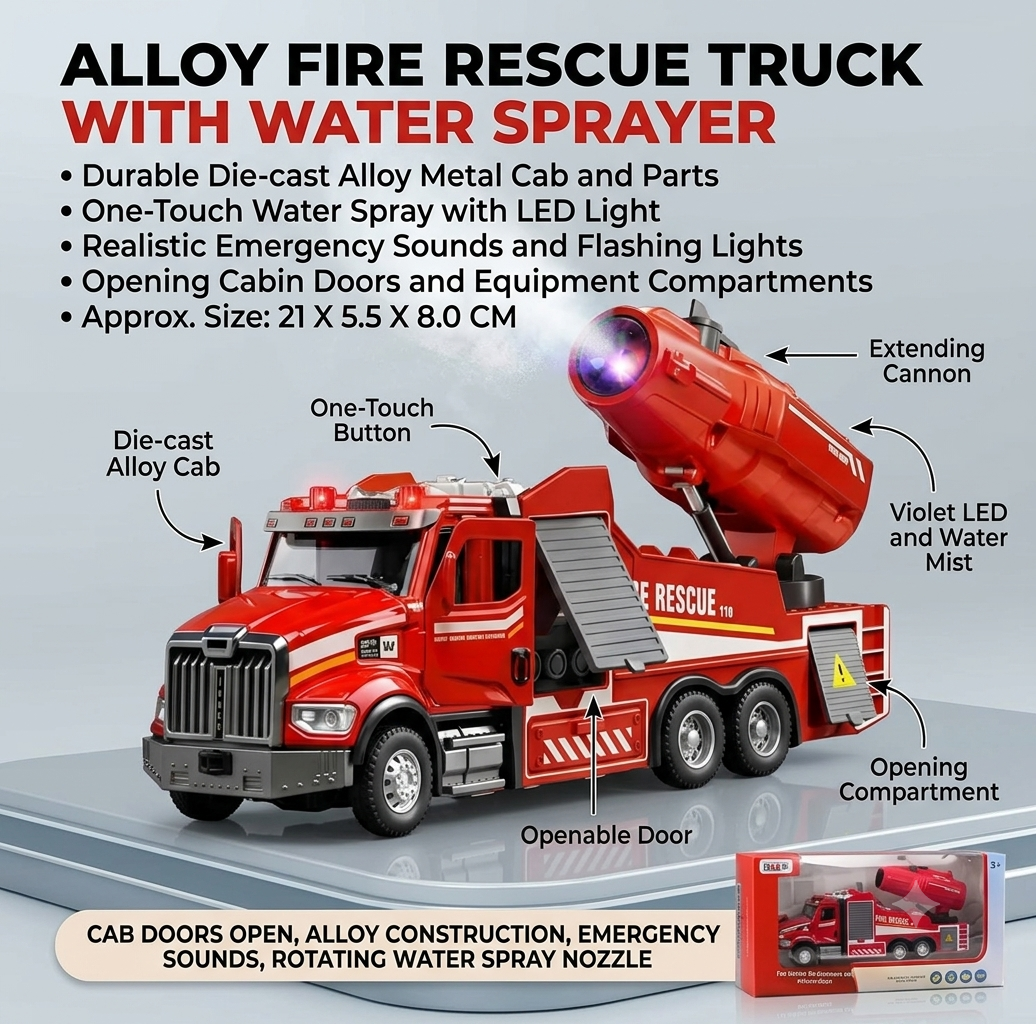 Alloy Fire Rescue Truck Toy with Water Spray, 19.5x5.5x12 cm | Light & Sound Effects, Rotating Spray Nozzle, Openable Doors, One-Touch Sprinkler