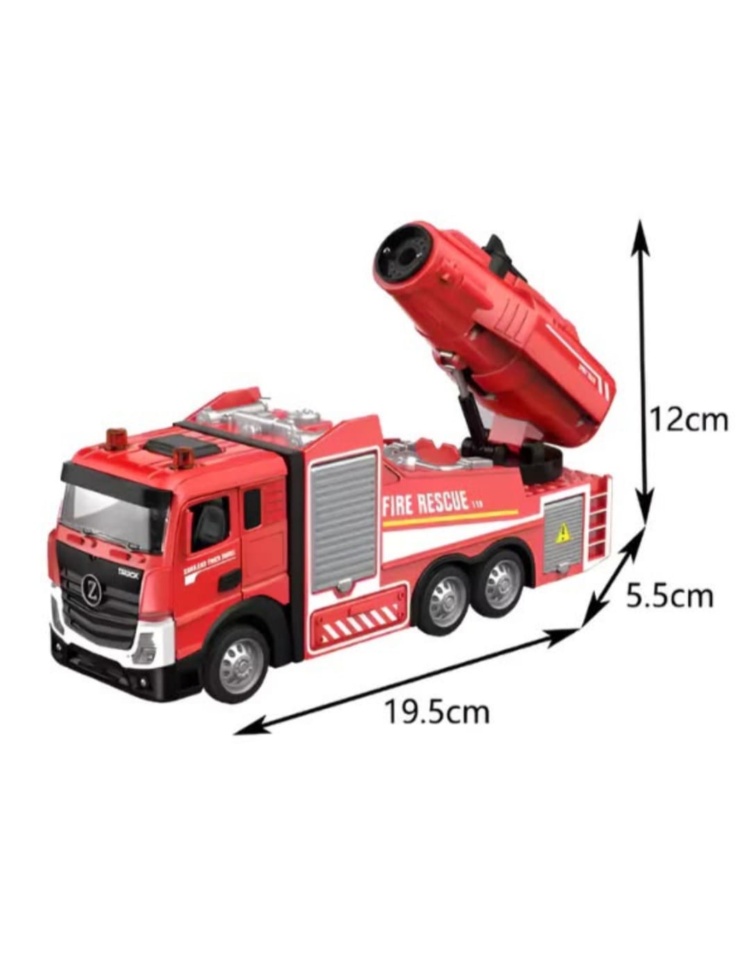 Alloy Fire Rescue Truck Toy with Water Spray, 19.5x5.5x12 cm | Light & Sound Effects, Rotating Spray Nozzle, Openable Doors, One-Touch Sprinkler