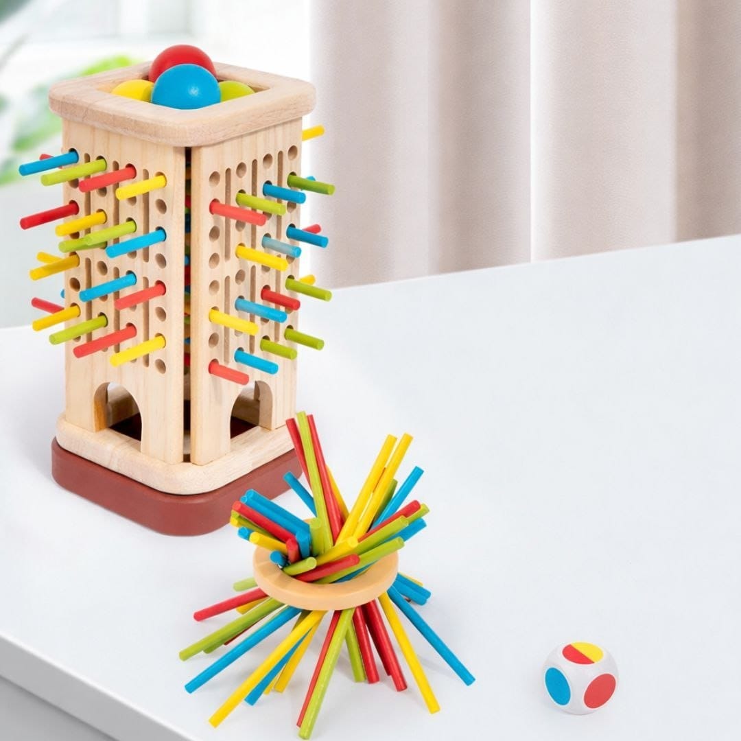 Wooden Tower Balancing Game with Colorful Sticks, Balls & Dice | Kids Strategy Game