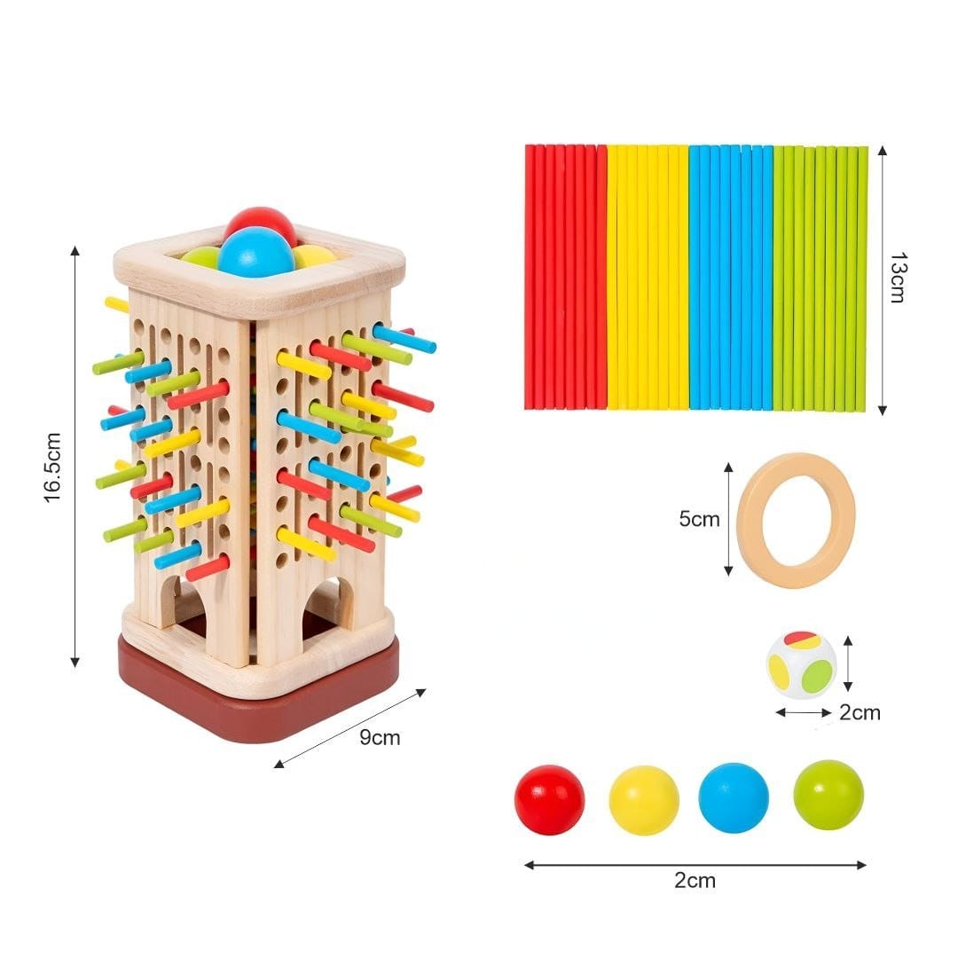 Wooden Tower Balancing Game with Colorful Sticks, Balls & Dice | Kids Strategy Game