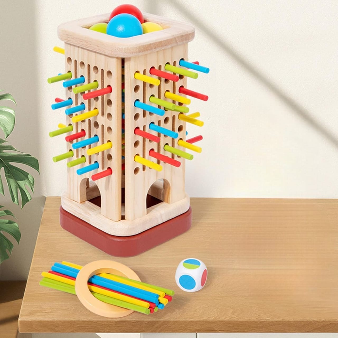 Wooden Tower Balancing Game with Colorful Sticks, Balls & Dice | Kids Strategy Game