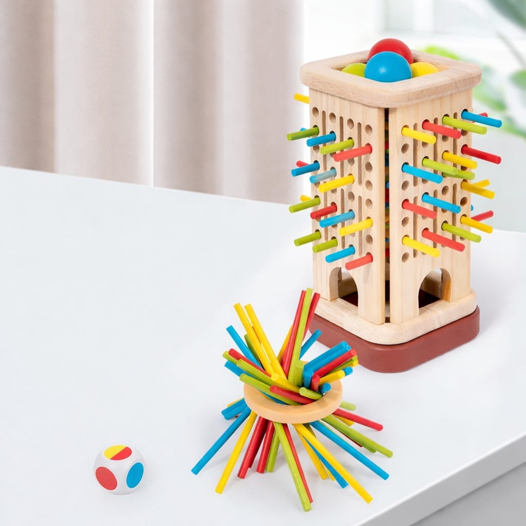Wooden Tower Balancing Game with Colorful Sticks, Balls & Dice | Kids Strategy Game