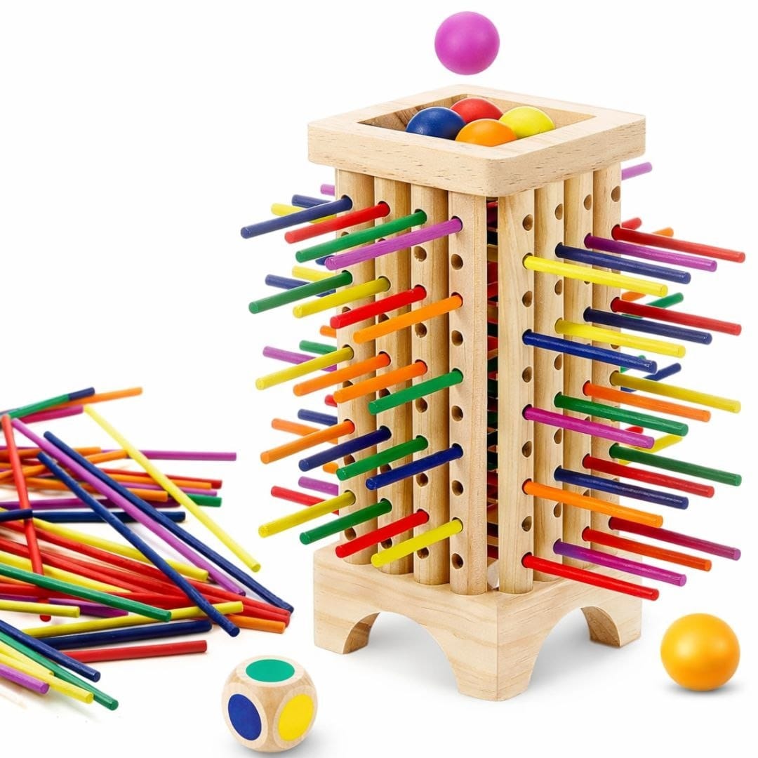 Wooden Tower Balancing Game with Colorful Sticks, Balls & Dice | Kids Strategy Game