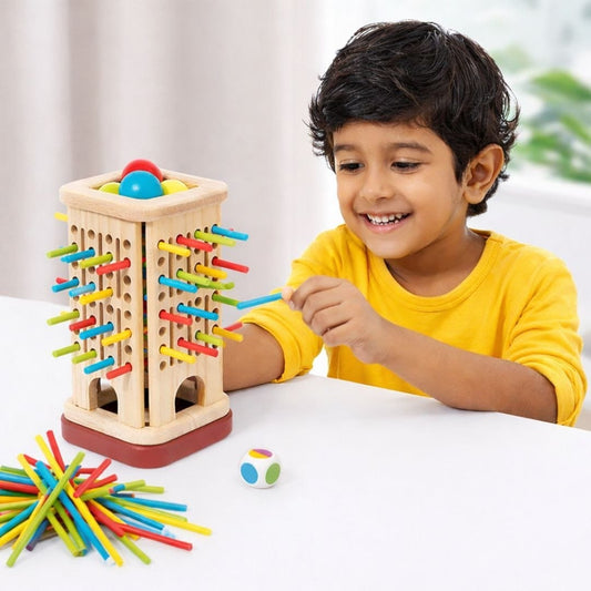Wooden Tower Balancing Game with Colorful Sticks, Balls & Dice | Kids Strategy Game