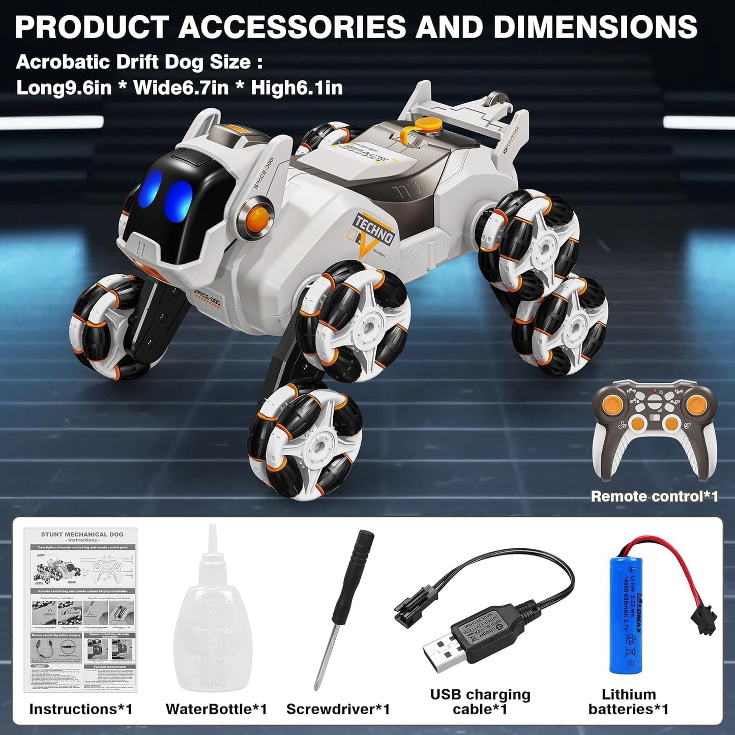8-Wheel Stunt RC Robot Dog | 2.4GHz Remote-Controlled Pet with Drift Wheels, 360° Rotation, LED Eyes & Smoke Effect