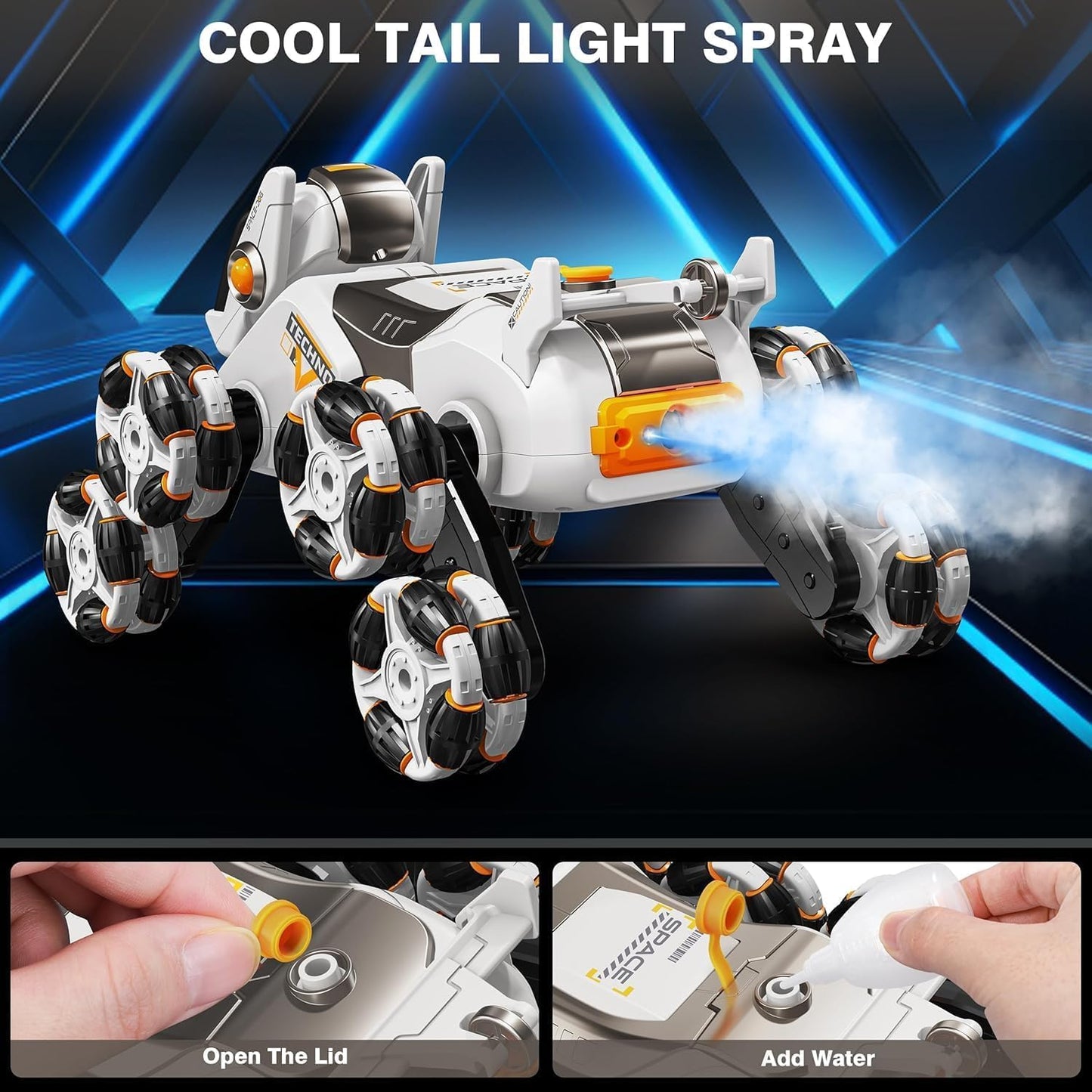 8-Wheel Stunt RC Robot Dog | 2.4GHz Remote-Controlled Pet with Drift Wheels, 360° Rotation, LED Eyes & Smoke Effect