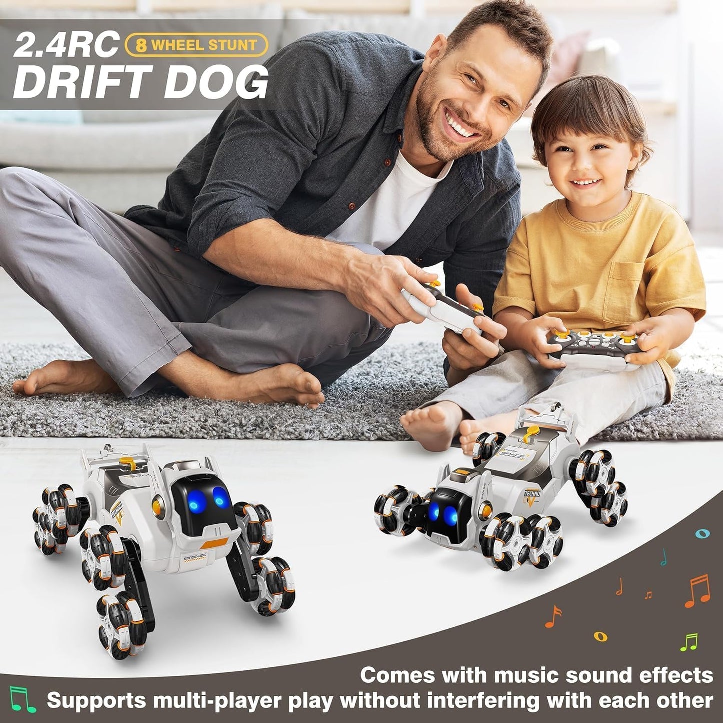8-Wheel Stunt RC Robot Dog | 2.4GHz Remote-Controlled Pet with Drift Wheels, 360° Rotation, LED Eyes & Smoke Effect